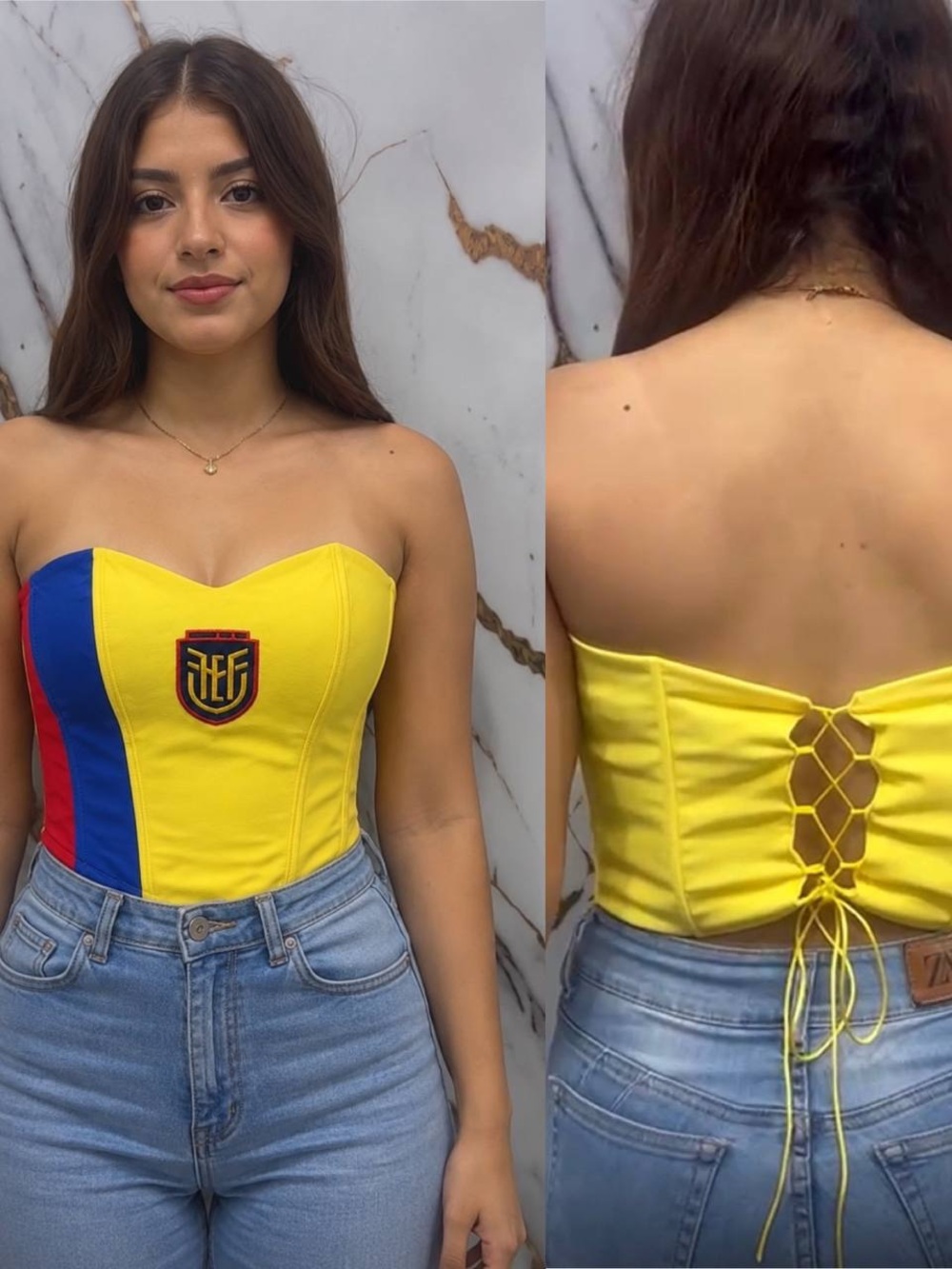 ECUADOR / Yellow Strapless Lace-Up Corset Crop Top with Red & Blue Panels